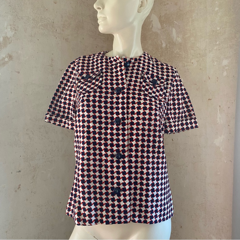 Vintage Short Sleeve Houndstooth Top Button Up Shirt
